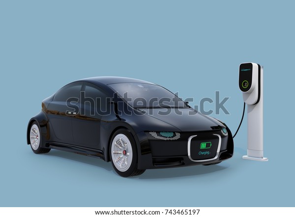 Electric\
car charging in charging station. Front grille with digital monitor\
display charging progress. 3D rendering\
image.