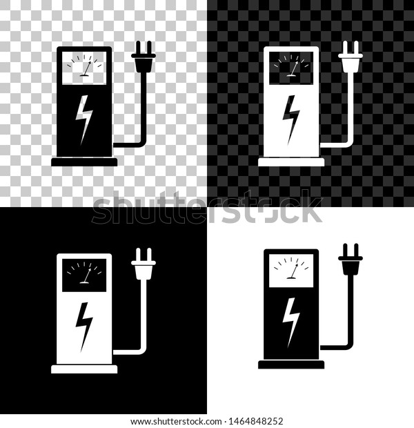 Electric car\
charging station icon isolated on black, white and transparent\
background. Eco electric fuel pump\
sign