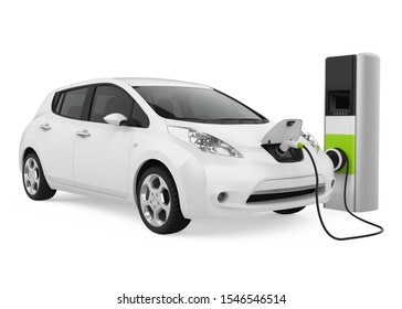 Electric Car In Charging Station Isolated. 3D Rendering