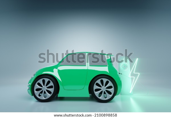 Electric car at the charging\
station. Electric motor concept, electric car, charging station,\
green technologies, future. Copy space, 3D render, 3D\
illustration