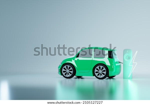 Electric car at the charging\
station. Electric motor concept, electric car, charging station,\
green technologies, future. Copy space, 3D render, 3D\
illustration