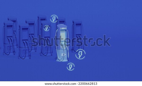 Electric car\
charging station on blue and green background. The electric car is\
refueling through the charger. Power supply for electric car\
charging. 3d render.Creative\
composition.\
