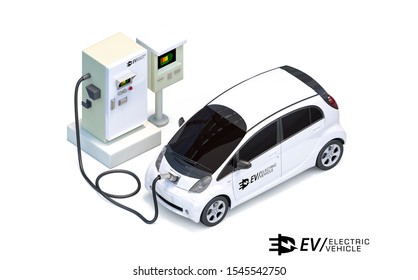Electric car charging station, electric vehicle concept 3d rendering. 3d illustration of charging an EV electric sedan car with logo on the door with white background.