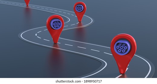 Electric car charging stations network on a highway. Map markers with electric vehicle plugs location, gray background. EV charger position when travel concept. 3d illustration