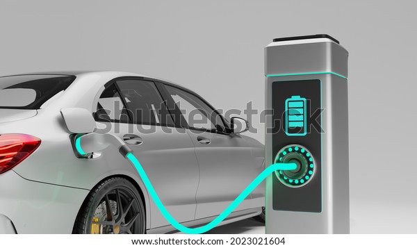 Electric car charging. Electric vehicle\
charging port plugging in car. Indicating the Progress of the\
Charging. 3d render\
illustration