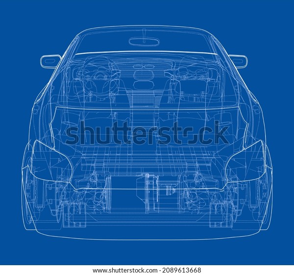 Electric Car With Chassis. Battery,\
suspension and wheel drive. 3d\
illustration