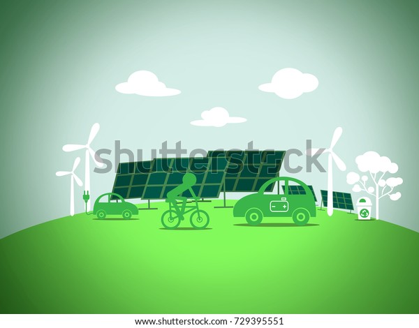 electric car with clean energy on green\
background, ecology and environment\
concept