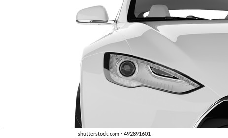 Electric Car Close-up 3D Rendering Isolated on White