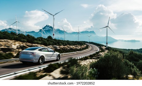 Электромобиль на фоне ветряных турбин. Автомобиль едет по горной дороге. Электромобиль едет вдоль фермы ветряных мельниц. Альтернативная энергия для автомобилей. Ферма автомобилей и ветряных турбин. 3d рендер