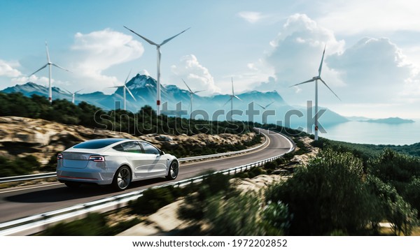 Electric car drive on the wind turbines\
background. Car drives along a mountain road. Electric car driving\
along windmills farm. Alternative energy for cars. Car and wind\
turbines farm. 3d\
render