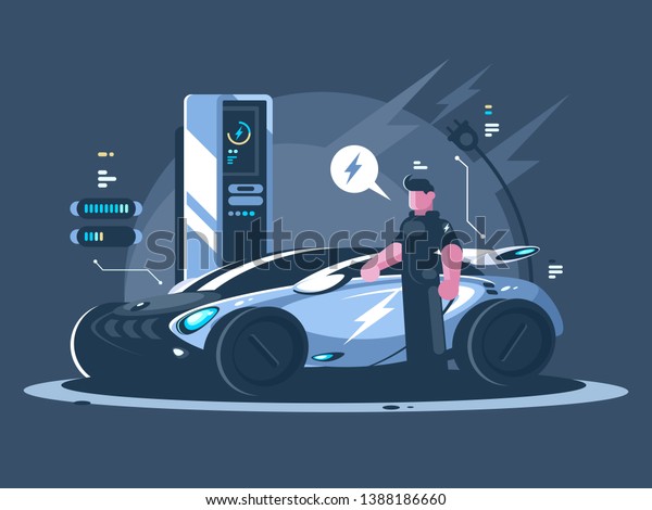Electric car and driver near auto. New\
transport eco technologies.\
illustration