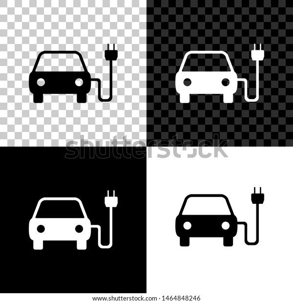 Electric car and electrical\
cable plug charging icon isolated on black, white and transparent\
background. Electric car charging sign. Renewable eco\
technologies
