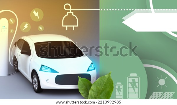 Electric car\
Energy saving Concept. eco car and Energy saving for eco power and\
green energy Concept on green background. friendly, electric\
charge, battery charging- 3d\
rendering