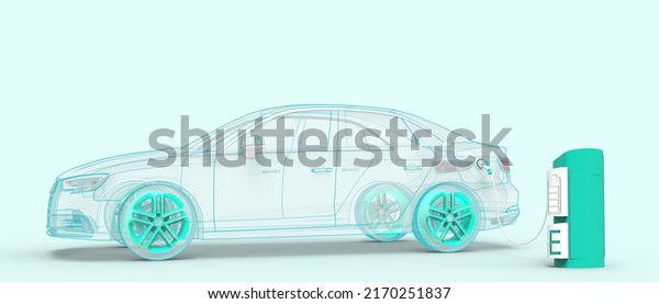 Electric car Energy saving. EV charging station\
for charger battery and green energy concept on blue background.\
mobility, environment friendly, eco technology, copy space,\
banner-3d\
rendering