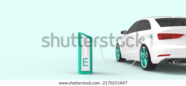 Electric car Energy saving. EV charging station\
for connected to power station charger battery concept on blue\
background. friendly, electric charge, copy space, banner, website\
- 3d rendering