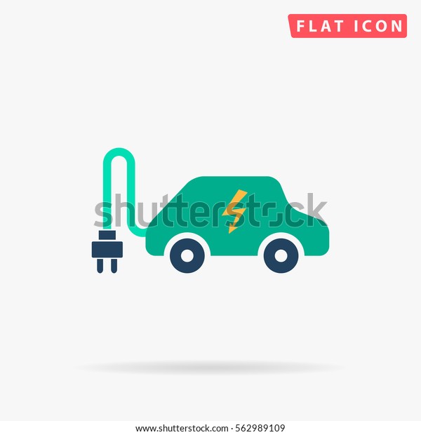 Electric car. Flat color symbol icon on white
background with
shadow