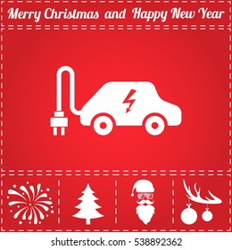 Electric Car. Flat Symbol And Bonus Icons For New Year - Santa Claus, Christmas Tree, Firework, Balls On Deer Antlers