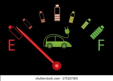 Electric Car Fuel Gauge With Batteries And Electric Car. Creative Illustration On Black Background.