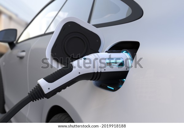 The\
electric car is fully charged with a battery, Charging technology,\
Clean energy filling technology. 3D\
illustration