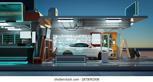 Electric Car At Futuristic Charging Station. Green Technology, Eco Alternative Transport And Battery Charging Technology Concept. Photorealistic 3D Rendering.