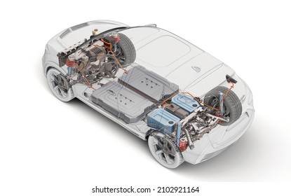 Electric car (generic model) technical cutaway 3d rendering with all main details of EV system in ghost effect with drawing. Perspective bird eye view on white background.