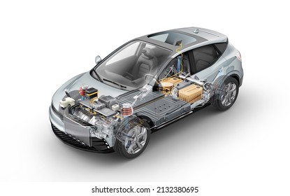Electric car (generic model) technical cutaway 3d rendering with all main details of EV system in ghost effect. Perspective bird eye view on white background.