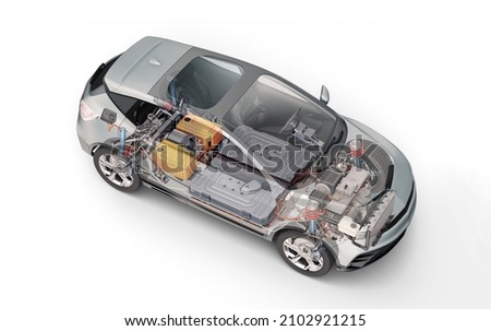 Electric car (generic model) technical cutaway 3d rendering with all main details of EV system in ghost effect. Perspective bird eye view on white background.
