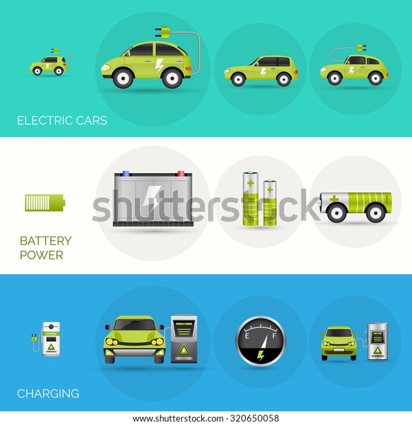 Electric car horizontal banners\
set with battery charging power elements isolated \
illustration