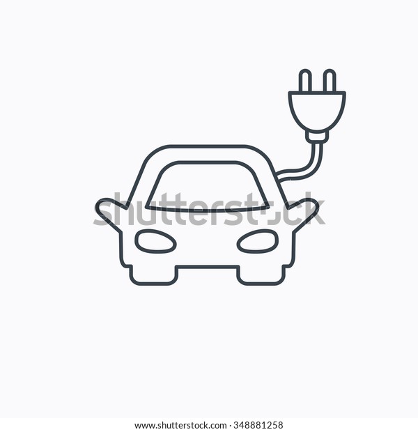 Electric car icon. Hybrid auto transport\
sign. Linear outline icon on white background.\
