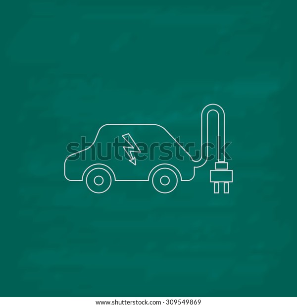 Electric car. Outline icon. Imitation\
draw with white chalk on green chalkboard. Flat Pictogram and\
School board background. Illustration\
symbol
