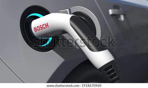 Electric car plug with bosch logo on it.\
editorial conceptual  animation 3D\
rendering