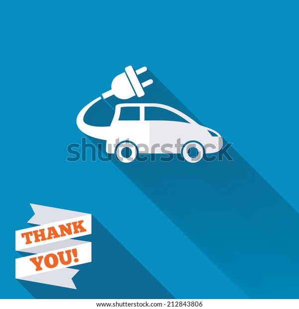 Electric car sign icon. Hatchback symbol. Electric\
vehicle transport. White flat icon with long shadow. Paper ribbon\
label with Thank you\
text.