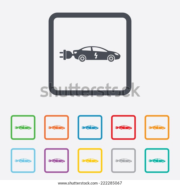 Electric car sign icon.\
Sedan saloon symbol. Electric vehicle transport. Round squares\
buttons with\
frame.