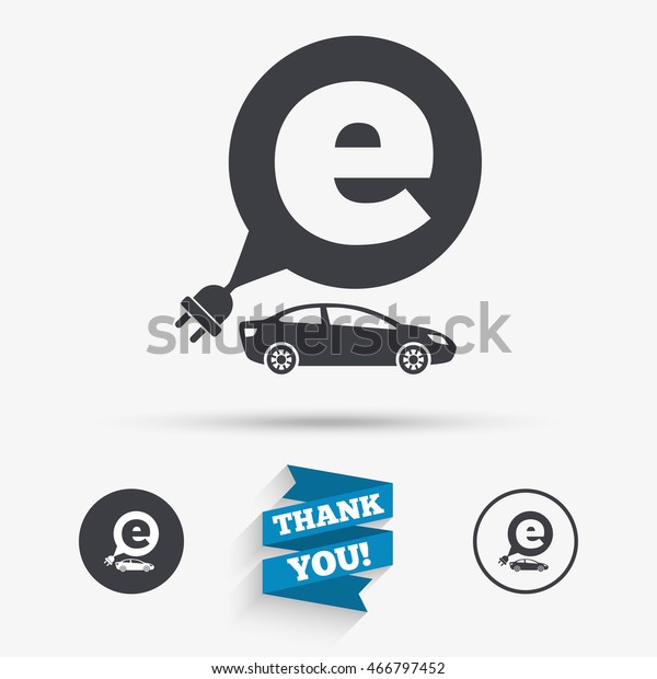 Electric car sign icon. Sedan saloon symbol. Electric\
vehicle transport. Flat icons. Buttons with icons. Thank you\
ribbon. 