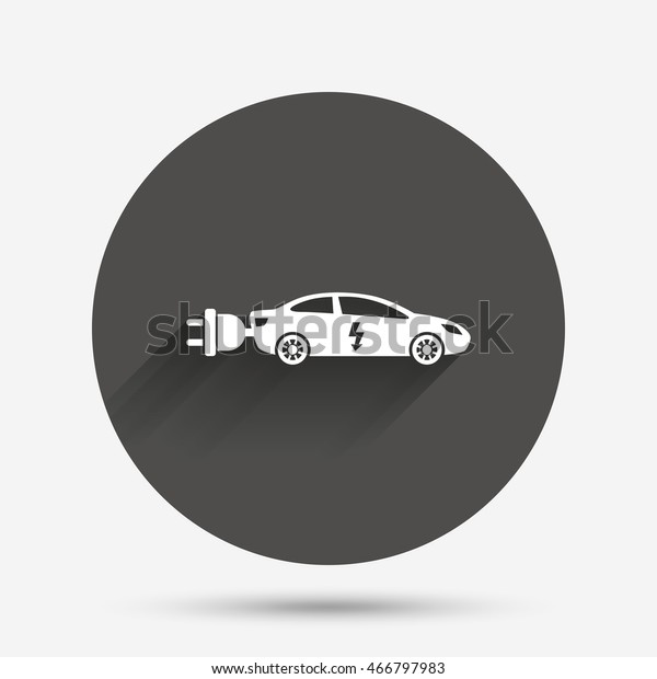 Electric car sign icon.\
Sedan saloon symbol. Electric vehicle transport. Circle flat button\
with shadow. 