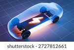Electric car with solid state battery transparent body. 3d rendering