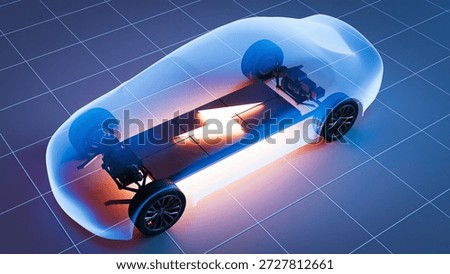 Electric car with solid state battery transparent body. 3d rendering