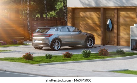 Electric Car Suv Parked In Front Of Home Modern Low Energy Suburban House 3d Illustration