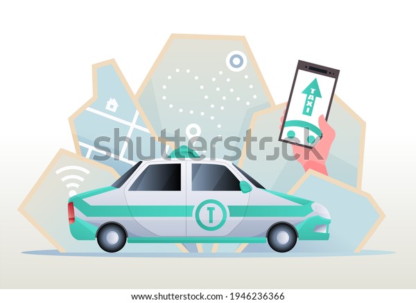Electric car taxi. Phone with location\
mark and smart car with modern city skyline map.  illustration of\
online taxi service controlled via smartphone\
app