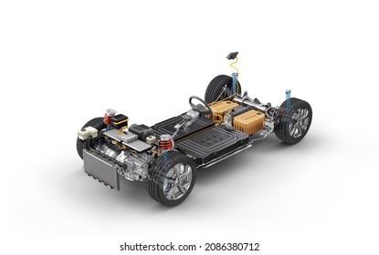 Electric Car Under Carriage Chassis. All Main Details Of EV System, On White Background. 3D Rendering.