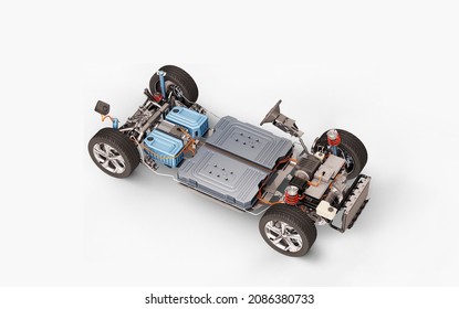 Electric car under carriage chassis. All main details of EV system, on white background. 3D rendering.