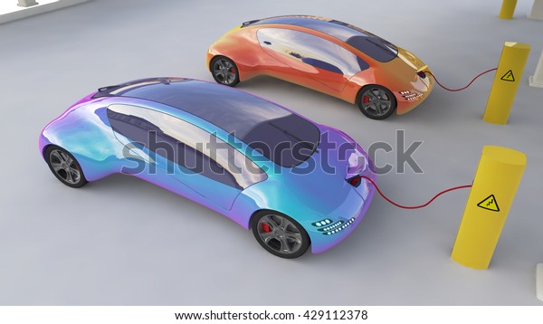 Electric Cars Charging\
At The Charger Station, Eco car, Electric  transport, Future car 3d\
concept, Electric car 3d render, Electric car transport, Electric\
car concept. 