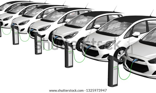 Electric cars\
charging on charge station – electro mobility environment friendly \
- isolated in white - 3d\
render