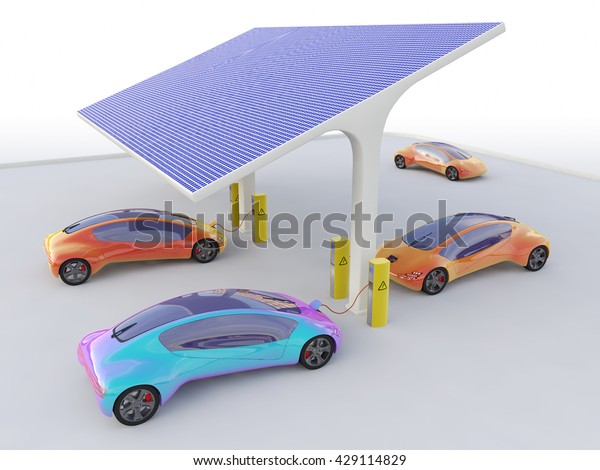 Electric Cars Charging At The Solar Power Station, Eco\
car, Electric  transport, Electric car Isometric, Electric car 3d\
render, Electric car transport, Electric car concept, Future \
concept car. 
