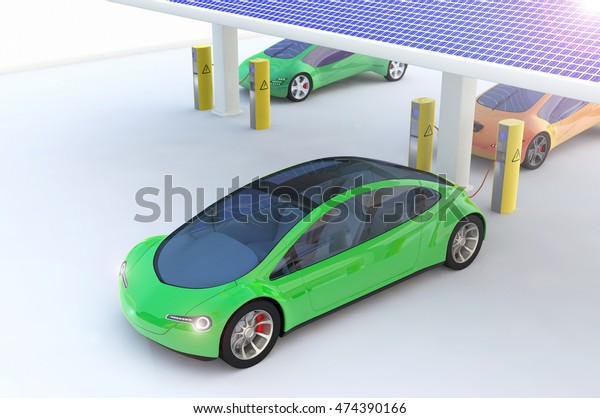 Electric Cars Charging At The Solar Power\
Charger Station, Eco car, Electric eco transport, Future car \
concept, Electric transport -  3d\
Rendering