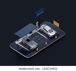 Electric Cars, Charging Stations, Solar Panels On Smartphone. Isometric View. Car Sharing Concept. 3D Rendering Image.