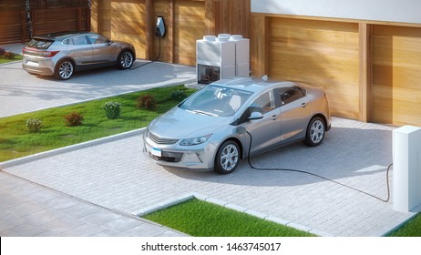 Electric Cars Parked In Front Of Home Modern Low Energy Suburban House 3d Illustration