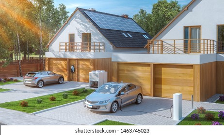 Electric Cars Parked In Front Of Home Modern Low Energy Suburban House 3d Illustration