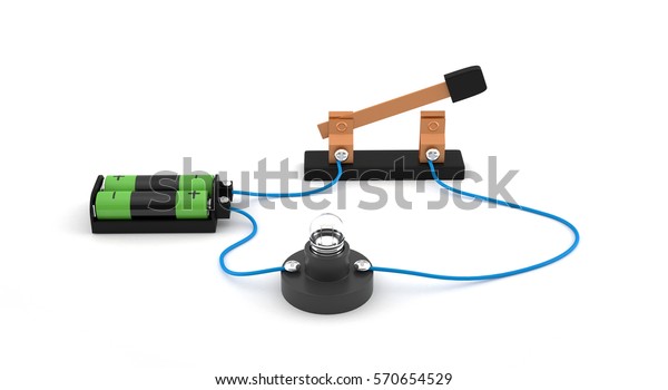 電球と電池の白い背景に開いたスイッチを示す電気回路 のイラスト素材