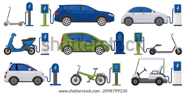 Electric eco friendly transport powered with\
charging station. Renewable energy car, scooter, bicycle at charge\
station  illustration set. Charging electric vehicles. Moped\
electric and\
scooter